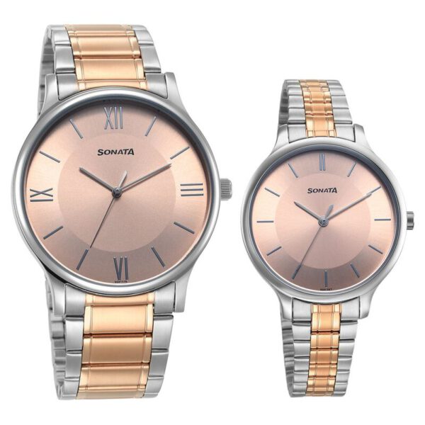 Pink Dial Stainless Steel Strap Watch for Couple 7710587050KM01