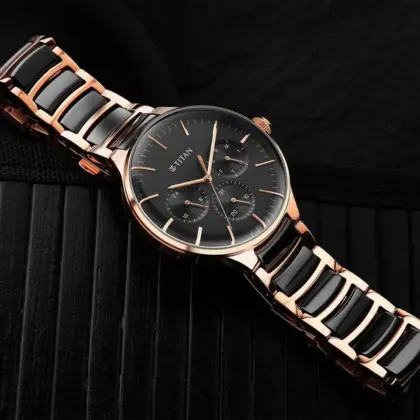 Titan Ceramic Fusion 90148KD03 – Black Dial Multifunction Quartz Watch for Men
