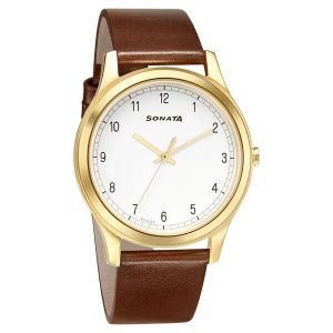Sonata 7135YL01 Leather Strap Watch for Men