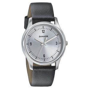 Sonata 77082SL01 Leather Strap Watch for Men