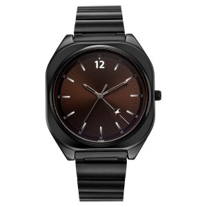 Fastrack 9 to Fine 3354NM01 men watch featuring a brown sunray dial and sleek black metal strap