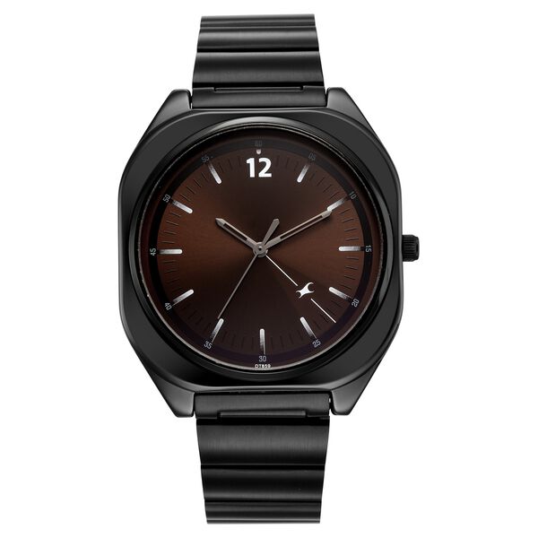 Fastrack 9 to Fine 3354NM01 men watch featuring a brown sunray dial and sleek black metal strap