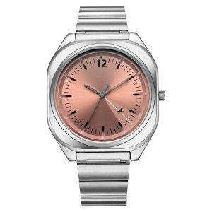 Fastrack 9 to Fine 3354SM01 watch showcasing its salmon pink sunray dial and polished silver metal strap